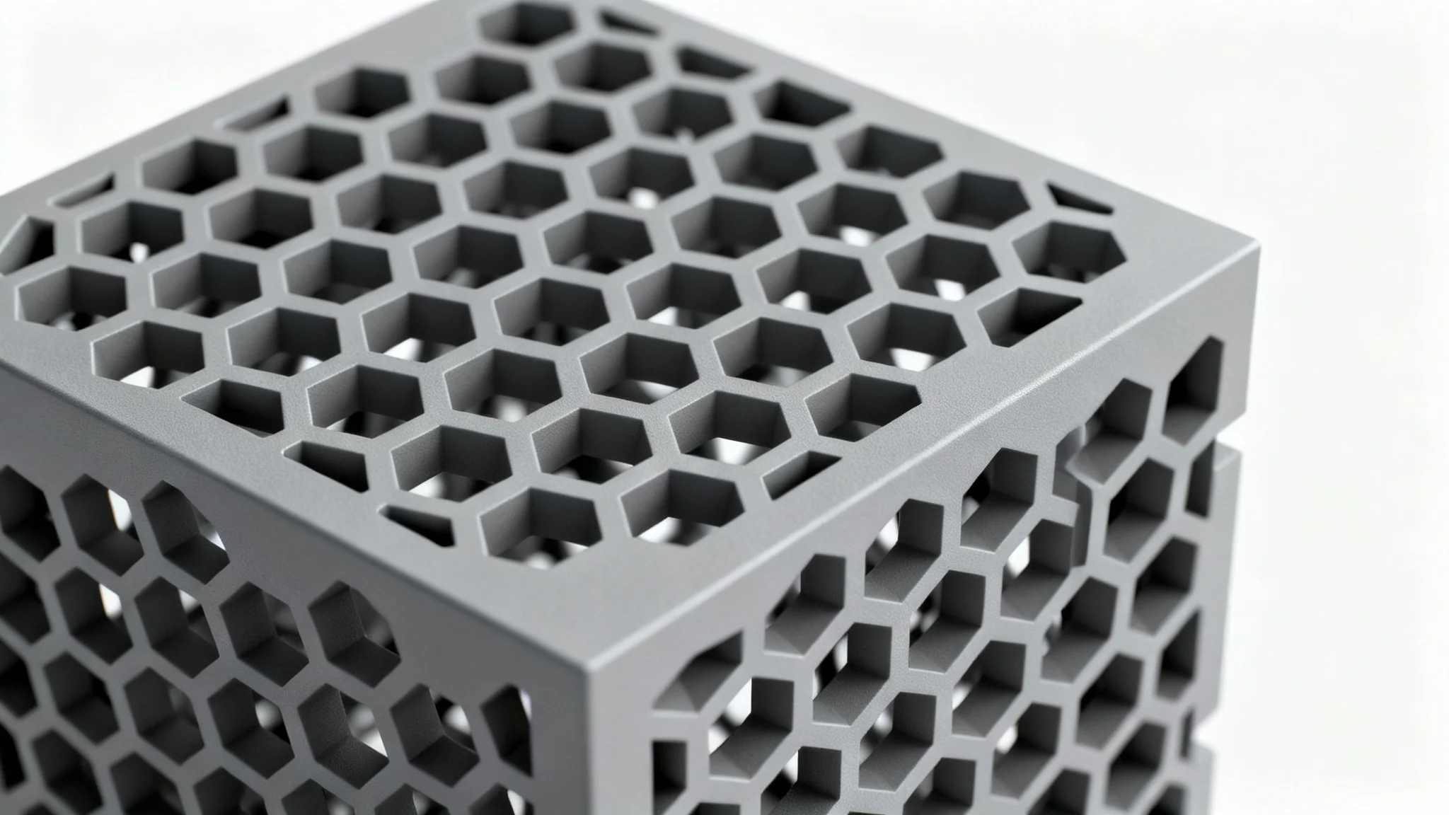 A photorealistic 3D rendering of an engineered component with a detailed honeycomb pattern, shown on a clean white background to emphasize its precision and design.