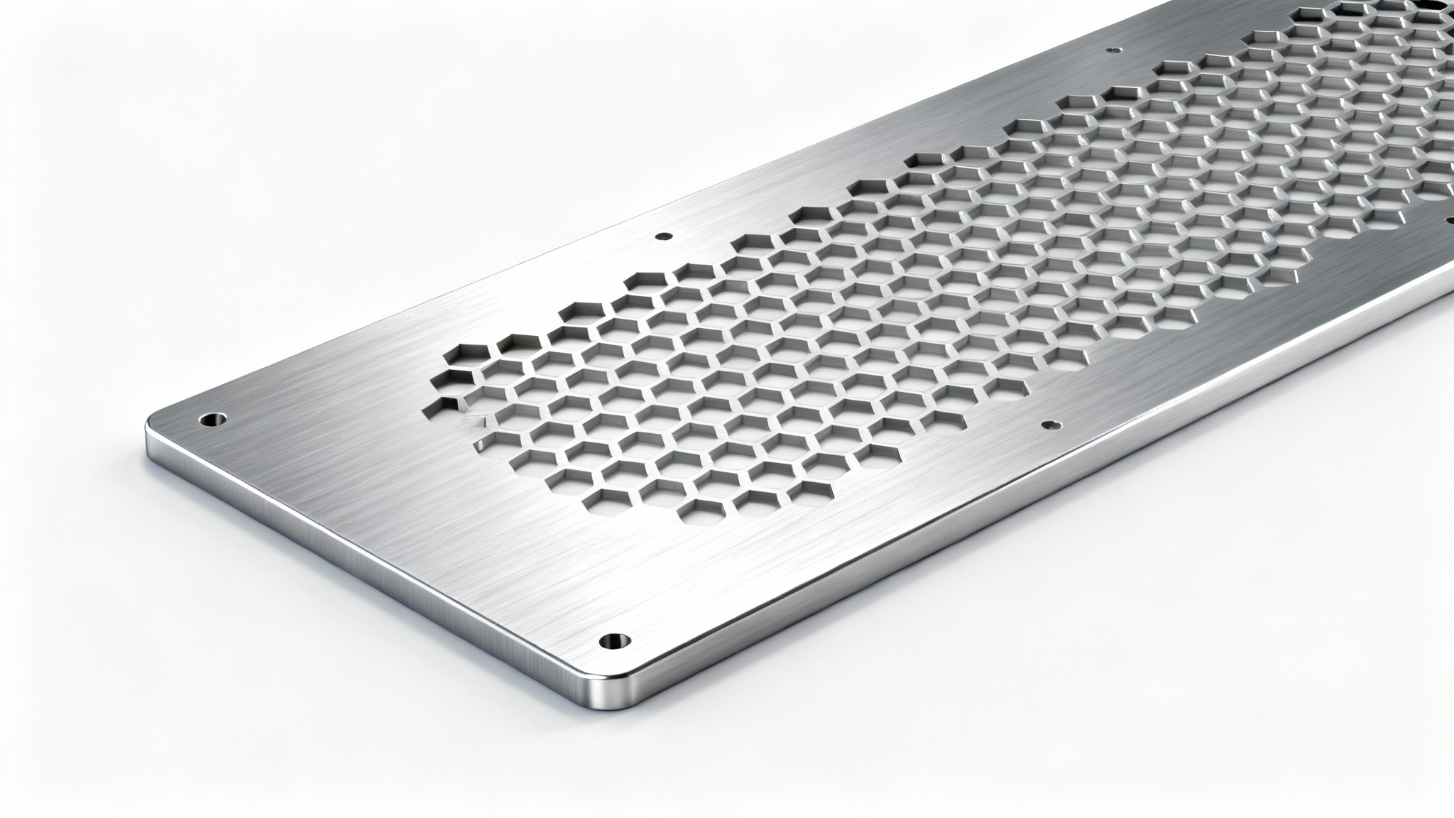 A detailed 3D rendering of a metallic honeycomb pattern, showcasing its precise engineering and structural design on a clean white background.