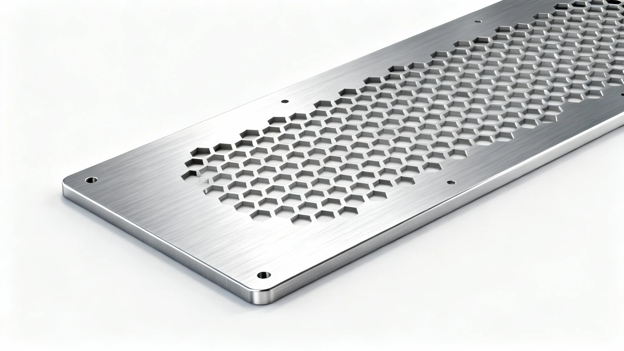 A detailed 3D rendering of a metallic honeycomb pattern, showcasing its precise engineering and structural design on a clean white background.