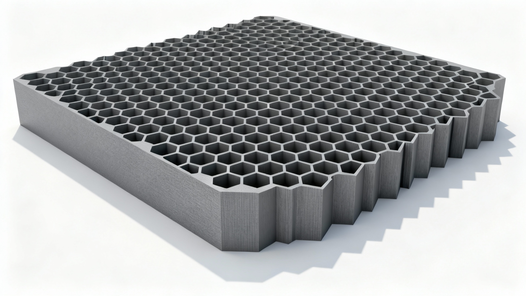 A photorealistic 3D render of a gray panel's cross-section, revealing a precise and detailed honeycomb pattern inside, set against a plain white background.