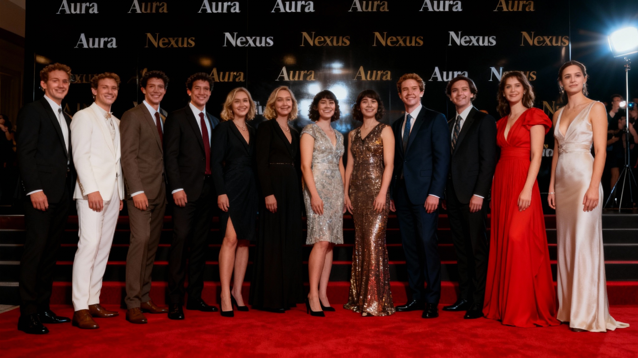 A glamorous red carpet event with a large black step-and-repeat backdrop featuring gold and white sponsor logos, as elegantly dressed guests pose for photos.