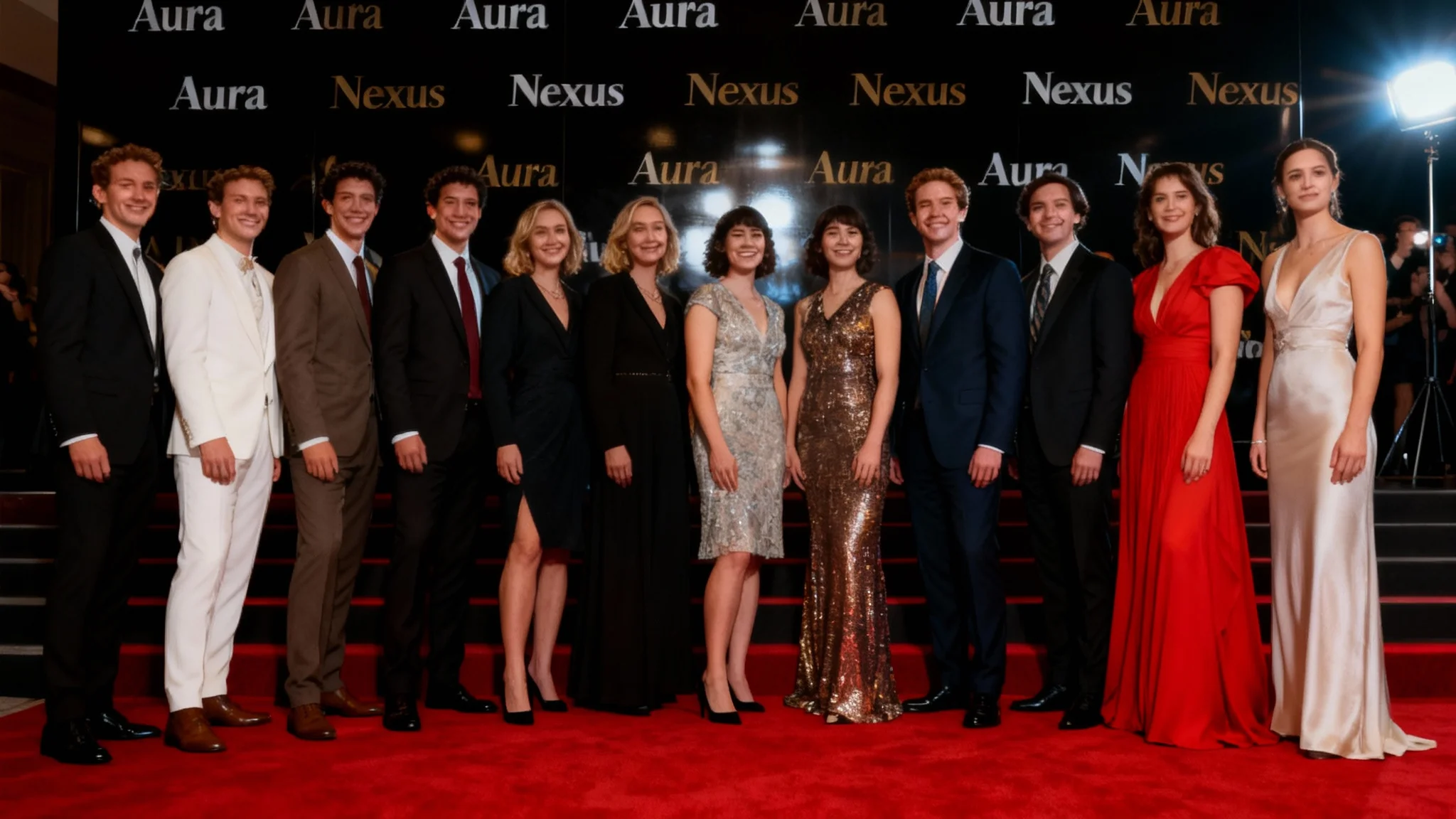 A glamorous red carpet event with a large black step-and-repeat backdrop featuring gold and white sponsor logos, as elegantly dressed guests pose for photos.