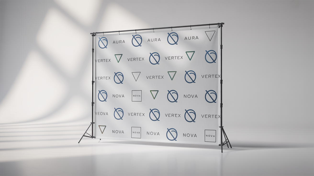 A professional step and repeat backdrop banner on a stand, displayed against a clean white background. The banner features a repeating pattern of fictional brand logos like 'AURA', 'VERTEX', and 'NOVA'.