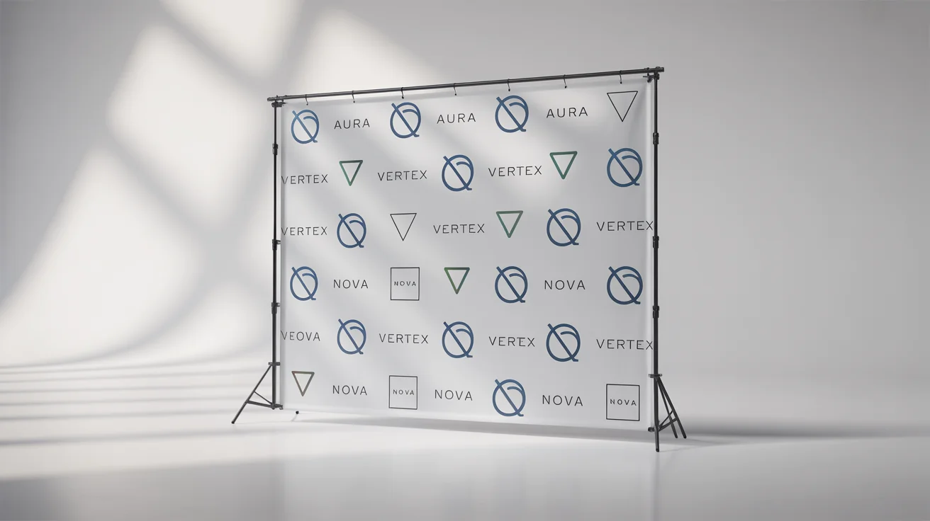 A professional step and repeat backdrop banner on a stand, displayed against a clean white background. The banner features a repeating pattern of fictional brand logos like 'AURA', 'VERTEX', and 'NOVA'.