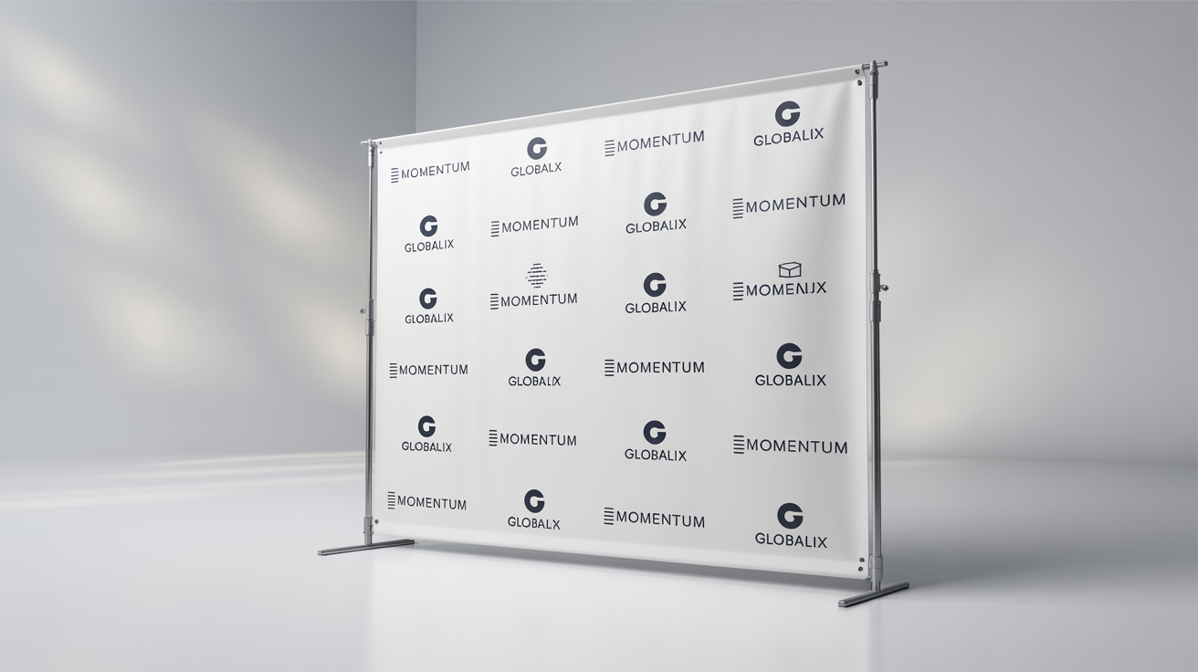 A professional step and repeat backdrop for an event, featuring the repeating fictional logos for 'Globalix' and 'Momentum' on a white banner, set against a clean white background.