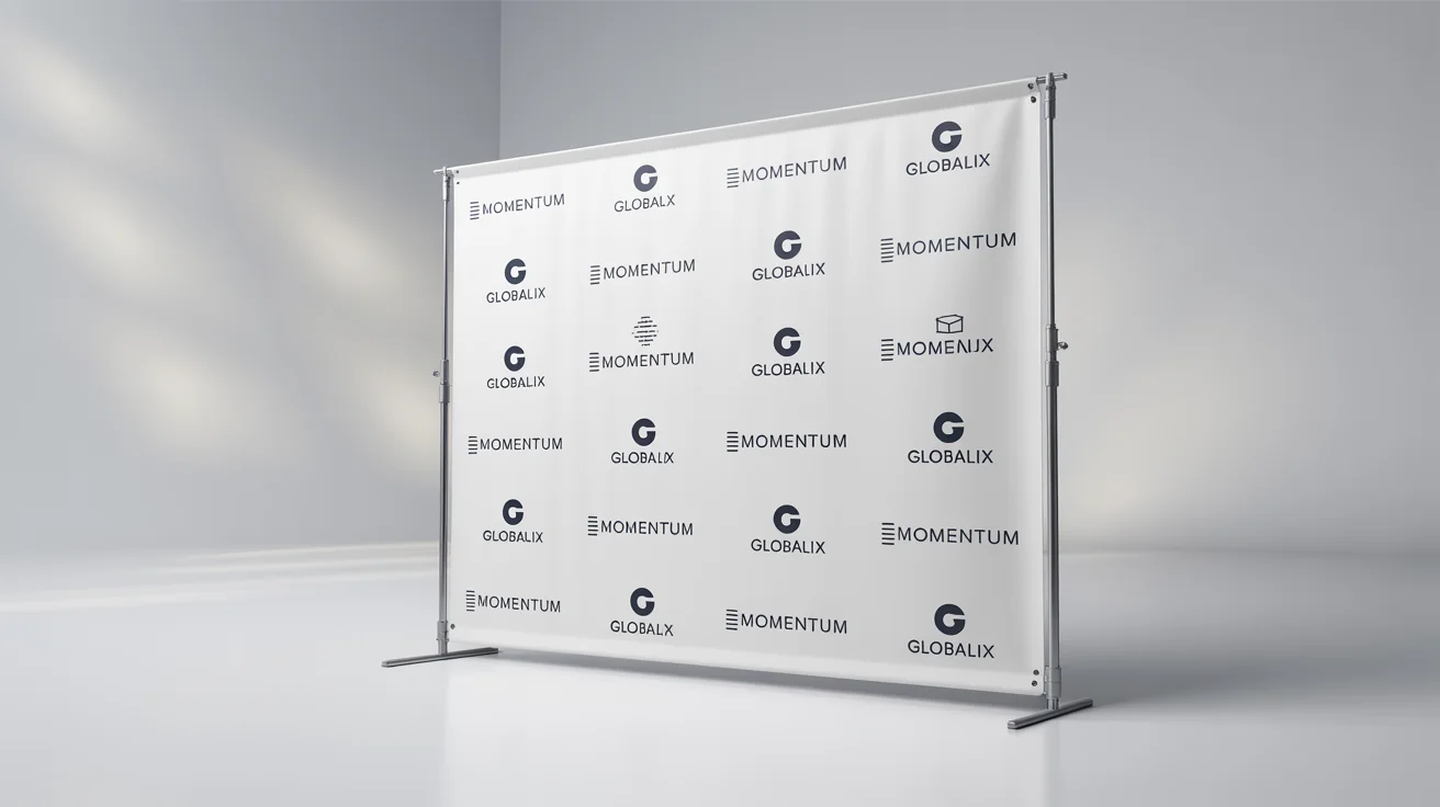 A professional step and repeat backdrop for an event, featuring the repeating fictional logos for 'Globalix' and 'Momentum' on a white banner, set against a clean white background.
