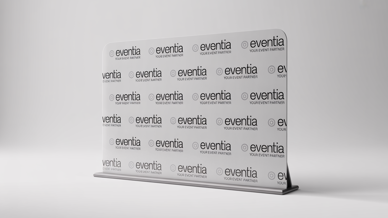 A professional step and repeat backdrop with a repeating pattern of the word 'EVENTIA' and a circular logo in black on a white background, mounted on a metallic stand in a studio setting.