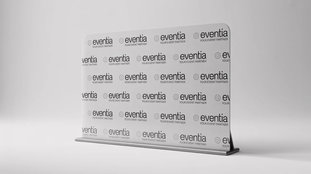 A professional step and repeat backdrop with a repeating pattern of the word 'EVENTIA' and a circular logo in black on a white background, mounted on a metallic stand in a studio setting.