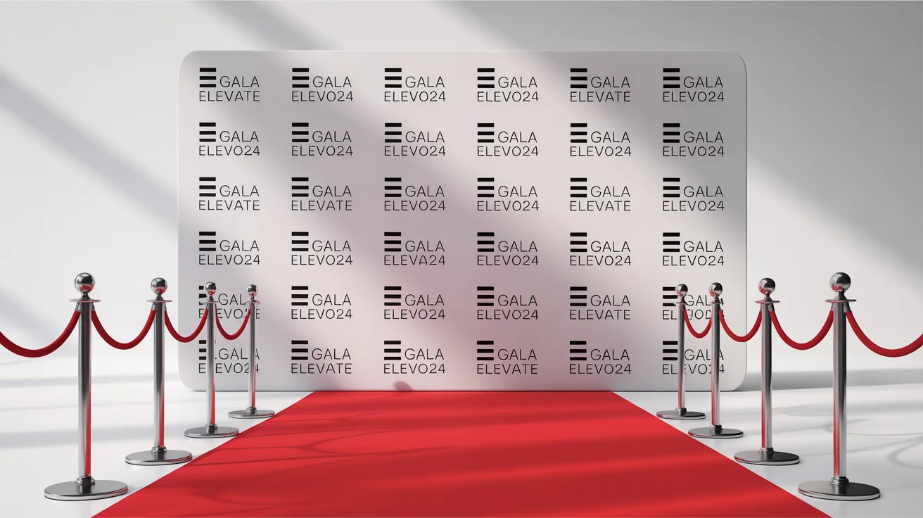 A professional step and repeat backdrop for a gala event, featuring repeating 'Elevate' and 'Gala 2024' logos, complete with a red carpet and velvet ropes, presented against a clean white background.