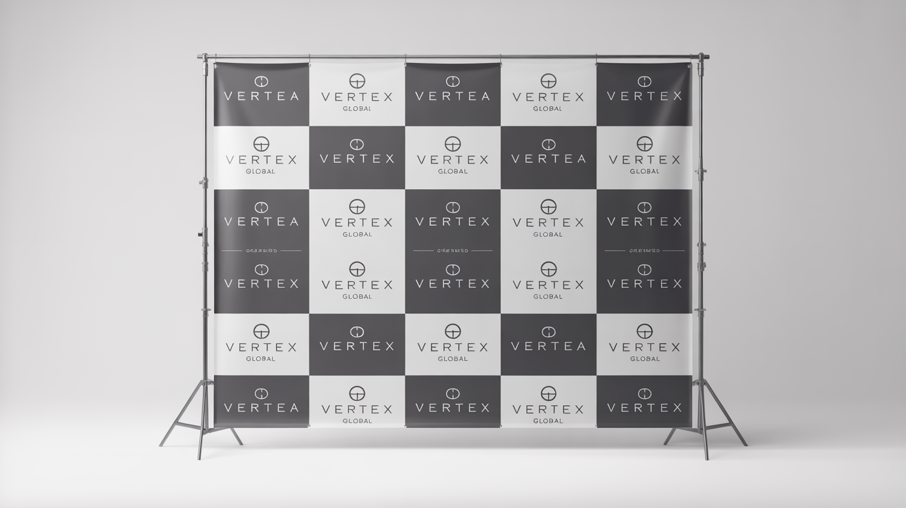 A large step and repeat backdrop on a stand, featuring a repeating pattern of fictional company logos 'Aura Events' and 'Vertex Global' against a white background.