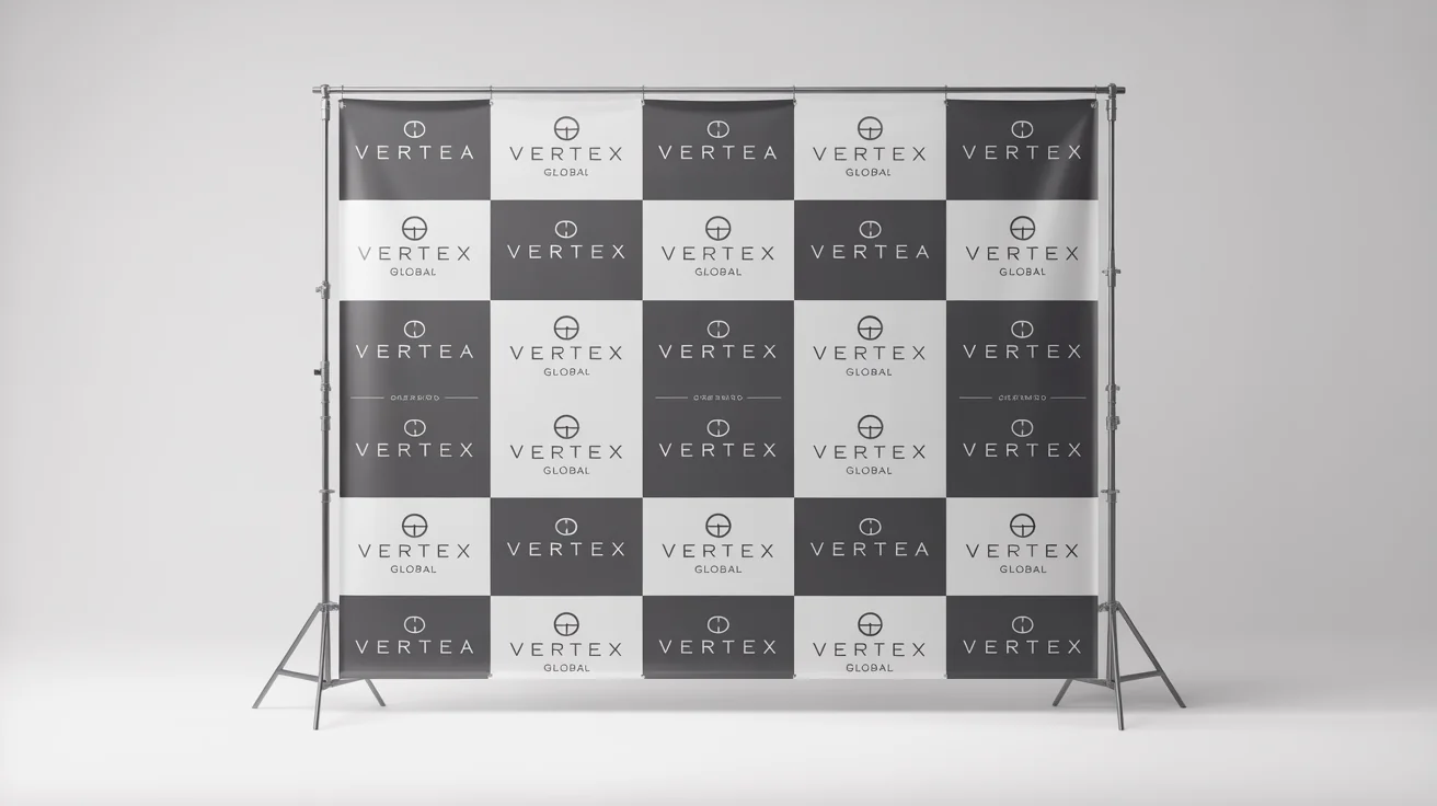 A large step and repeat backdrop on a stand, featuring a repeating pattern of fictional company logos 'Aura Events' and 'Vertex Global' against a white background.