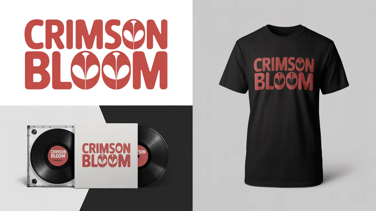 A professional band logo for 'Crimson Bloom' shown on mockups including a black t-shirt, a vinyl record cover, and a bass drum.
