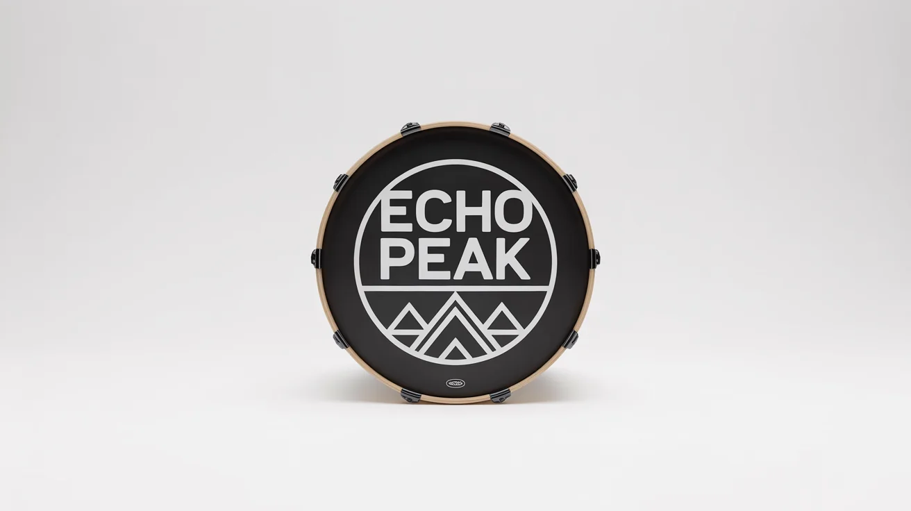 A mockup of an indie rock band logo for 'ECHO PEAK' featuring mountain graphics, printed in white on a black bass drum head against a white background.