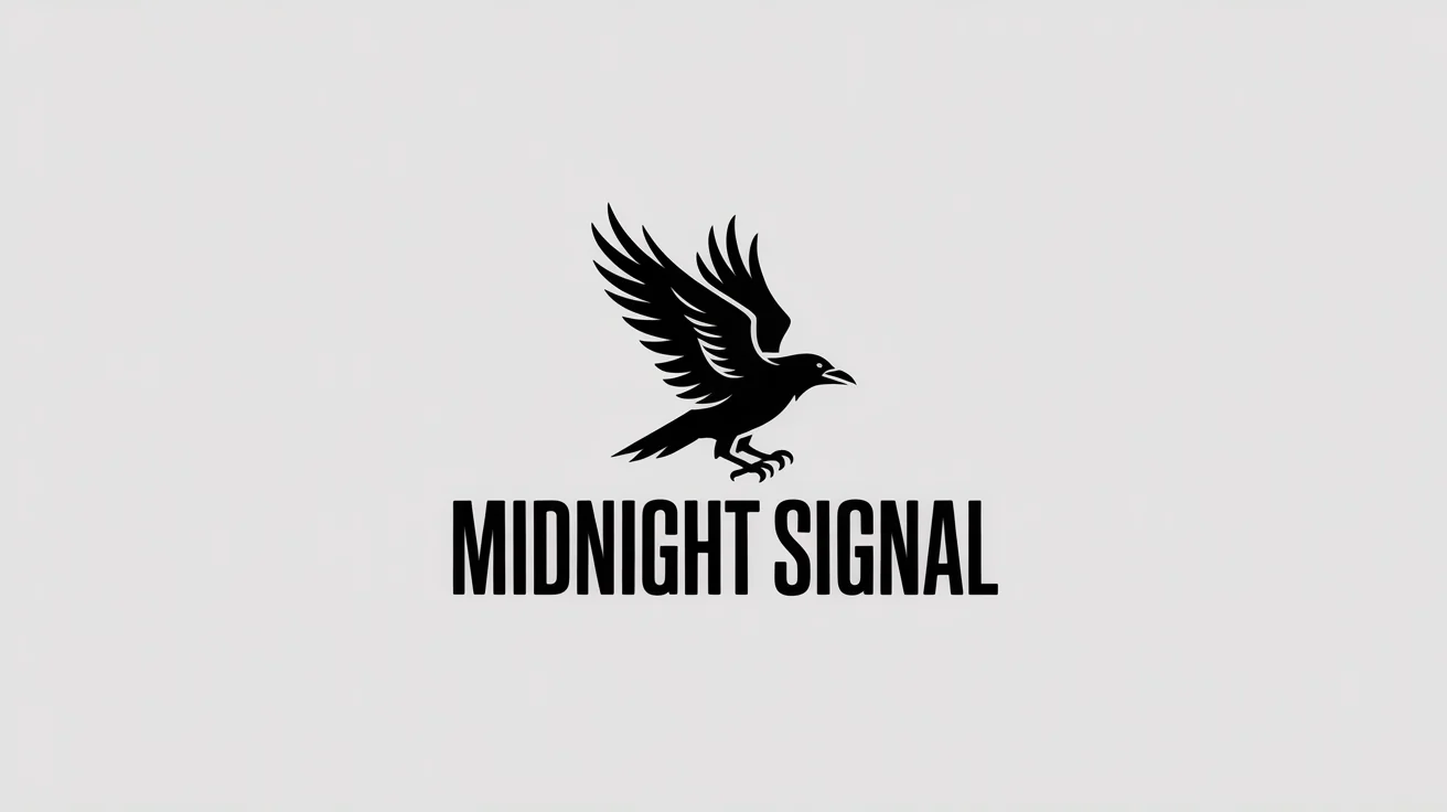 A professional, minimalist black logo for a rock band called 'Midnight Signal', featuring a geometric raven above the band's name on a white background.