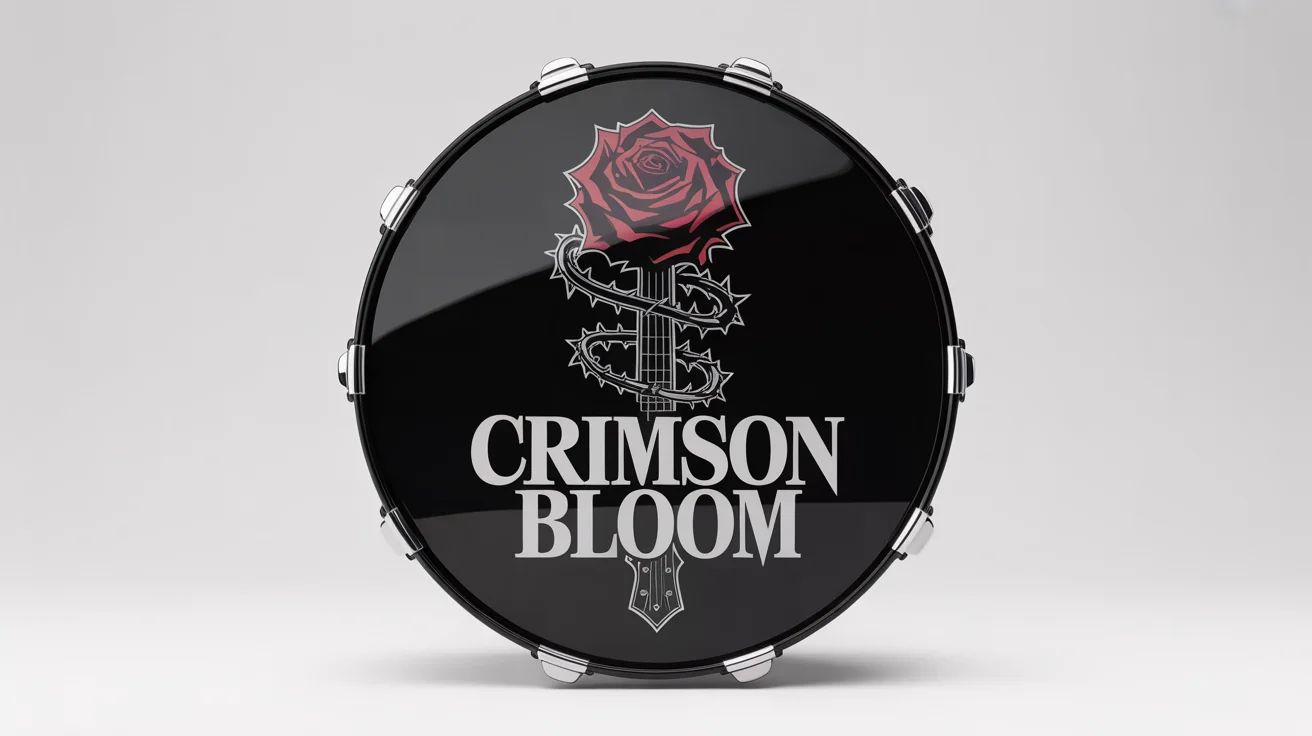 A modern logo for a rock band called Crimson Bloom, mocked up on the front of a black bass drum against a white background. The logo shows a red rose, thorny vines, and an electric guitar.