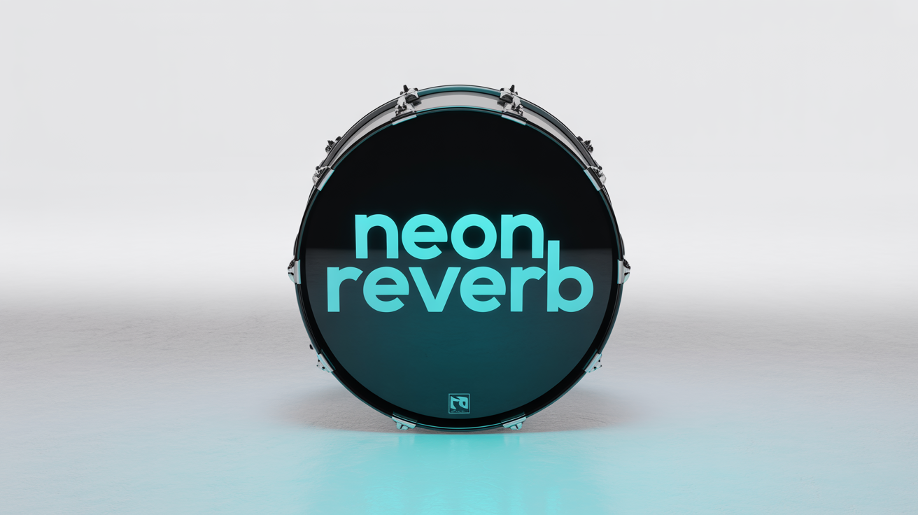 A photorealistic mockup of a band logo for 'NEON REVERB' in glowing cyan text, displayed on the front of a glossy black bass drum against a white background.
