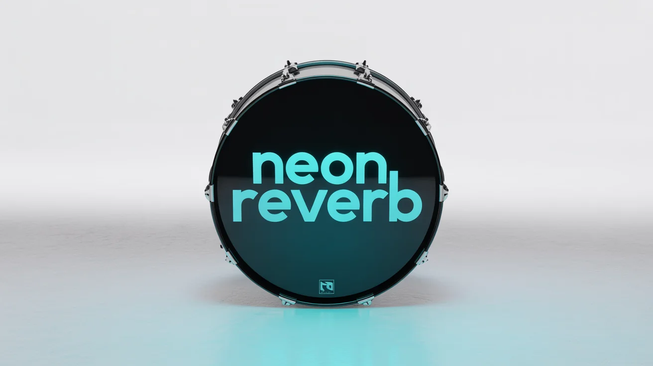 A photorealistic mockup of a band logo for 'NEON REVERB' in glowing cyan text, displayed on the front of a glossy black bass drum against a white background.