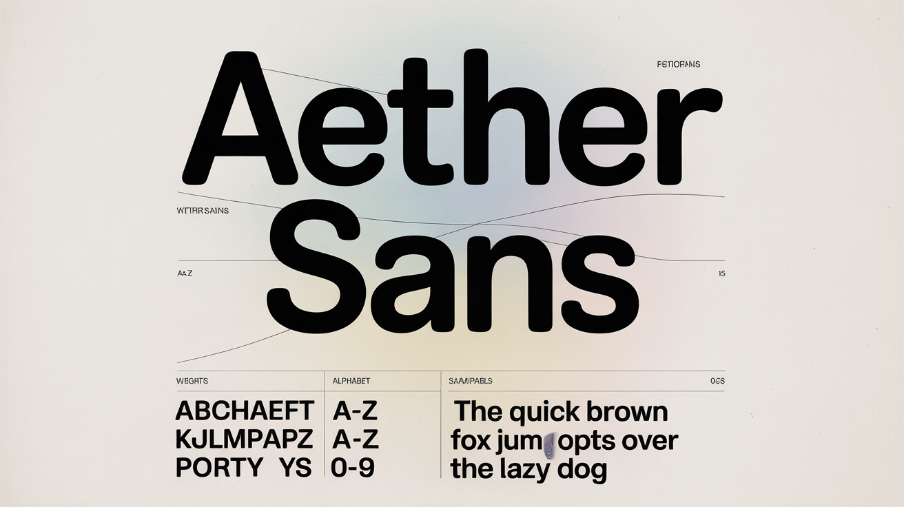 A polished font specimen poster for a modern sans-serif font called 'Aether Sans', showcasing its different weights, the full alphabet, and a sample paragraph in a clean, minimalist layout.