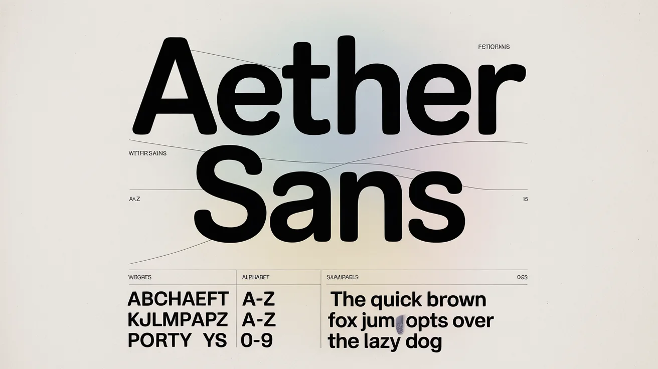 A polished font specimen poster for a modern sans-serif font called 'Aether Sans', showcasing its different weights, the full alphabet, and a sample paragraph in a clean, minimalist layout.