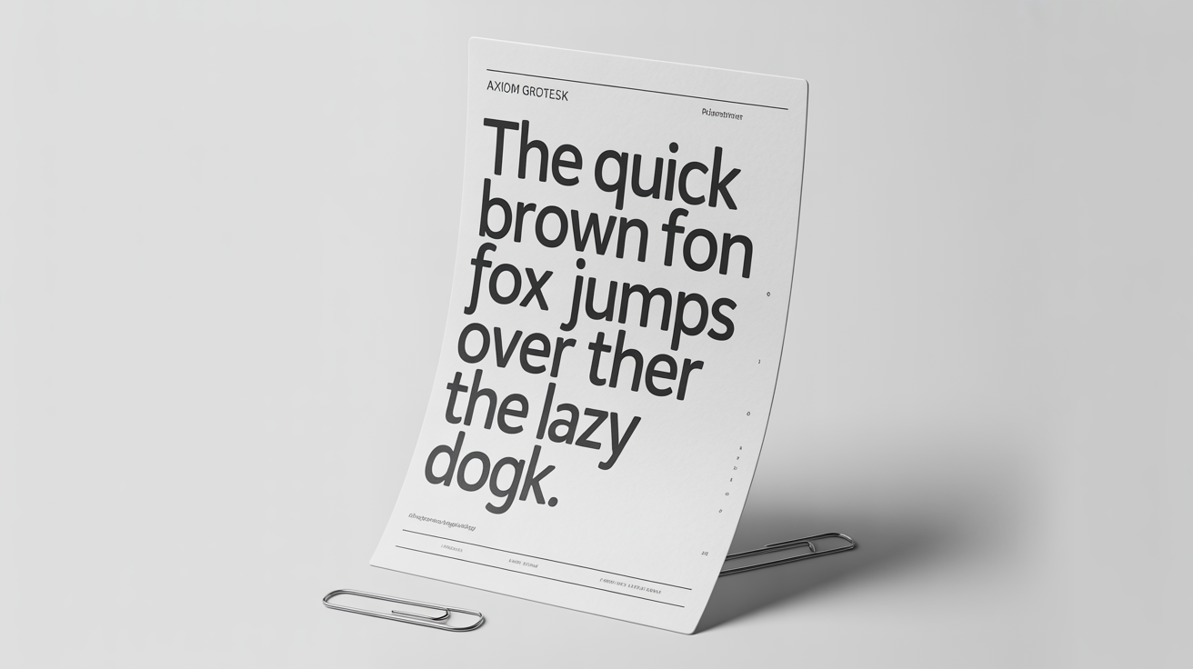 A mockup of a font specimen sheet for a fictional sans-serif font called 'Axiom Grotesk', showing the alphabet, numbers, and a sample sentence on a clean white background.
