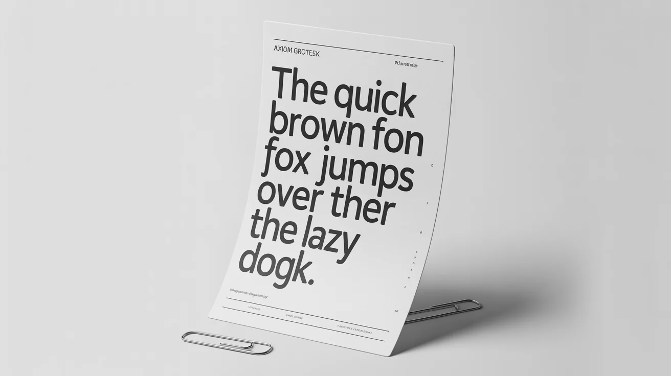 A mockup of a font specimen sheet for a fictional sans-serif font called 'Axiom Grotesk', showing the alphabet, numbers, and a sample sentence on a clean white background.