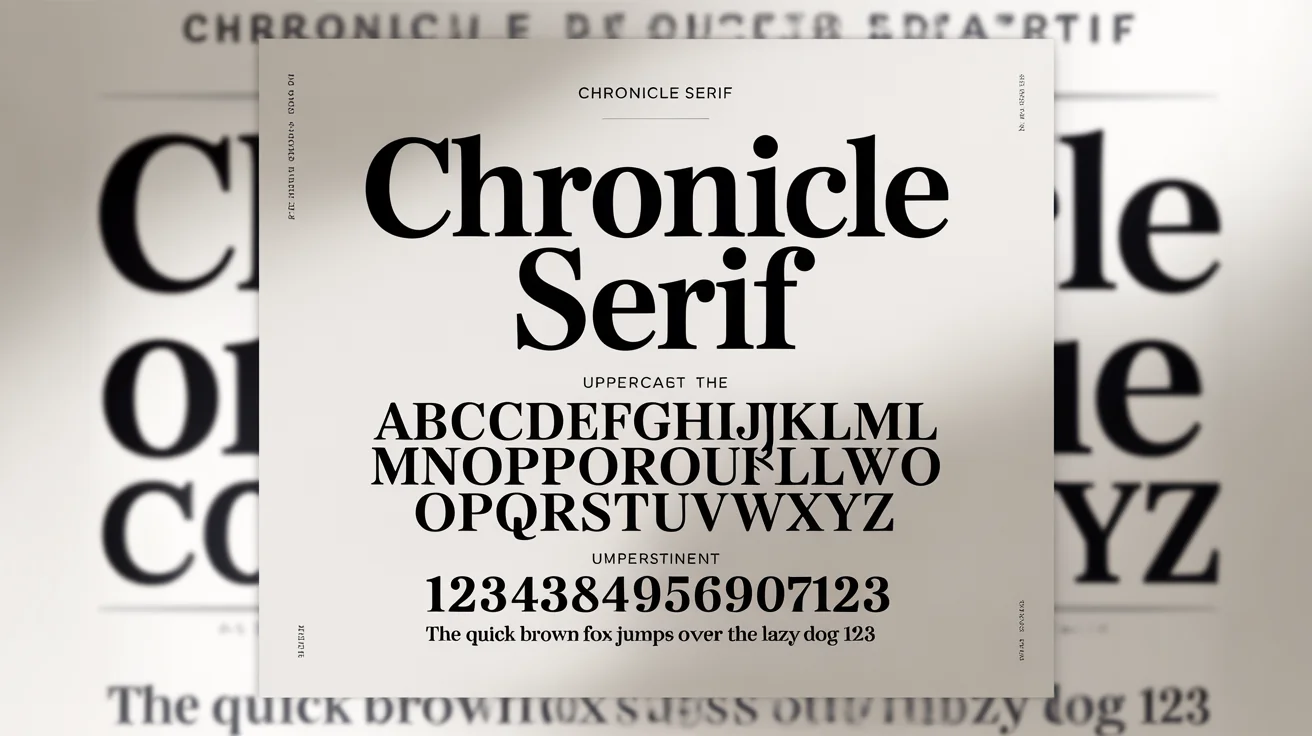 A professionally designed font specimen poster for the fictional serif font 'Chronicle Serif', showcasing its uppercase and lowercase letters, numbers, and a sample sentence on a clean white background.
