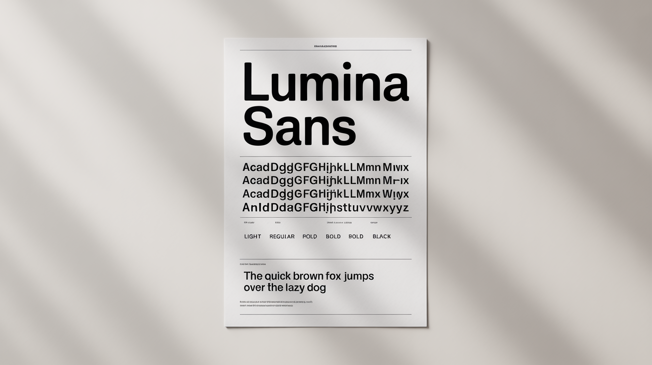 A modern font specimen sheet for a sans-serif typeface called 'Lumina Sans', displaying the full alphabet, numbers, and different font weights in a clean, grid-based layout on a white background.