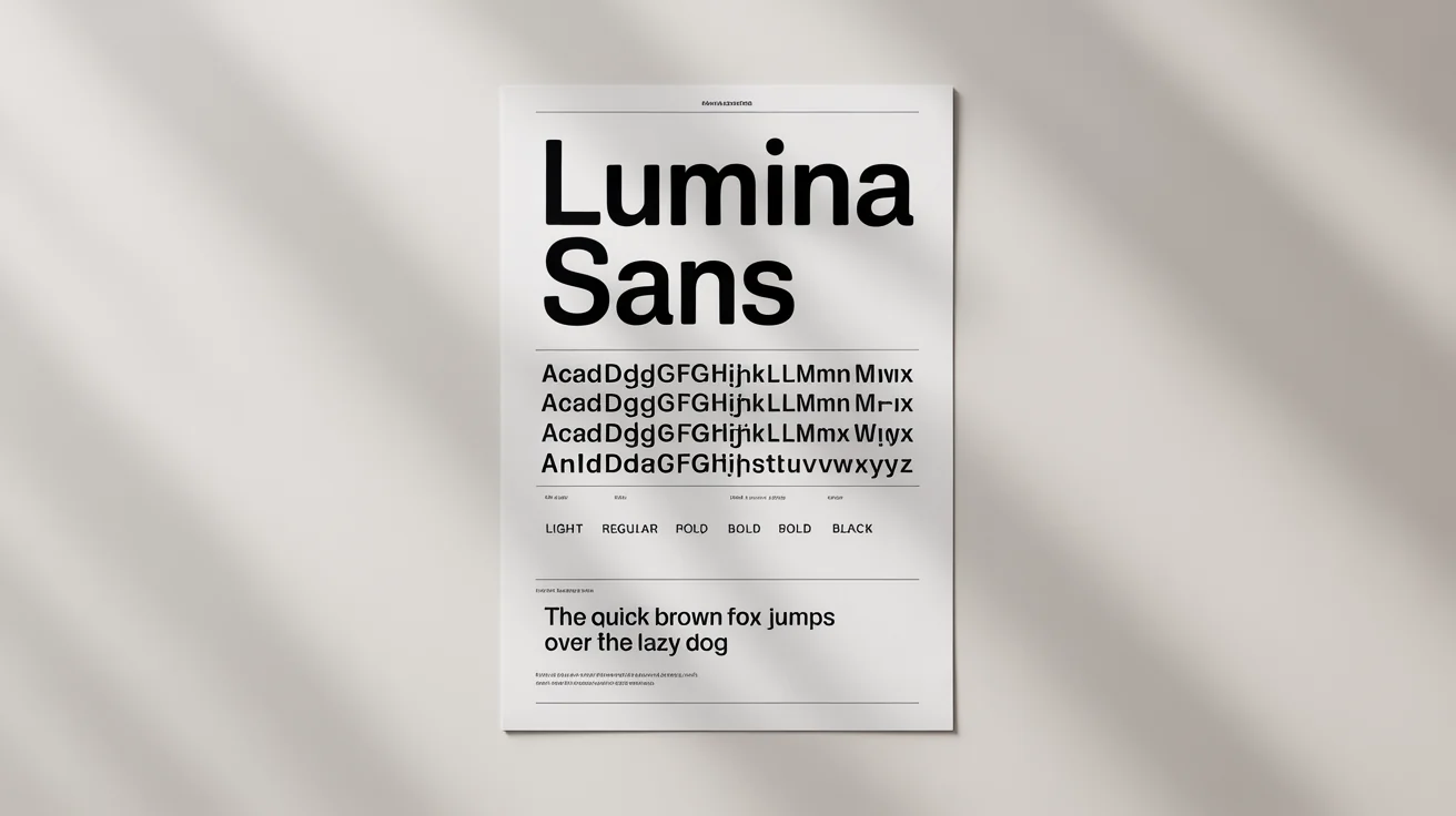 A modern font specimen sheet for a sans-serif typeface called 'Lumina Sans', displaying the full alphabet, numbers, and different font weights in a clean, grid-based layout on a white background.