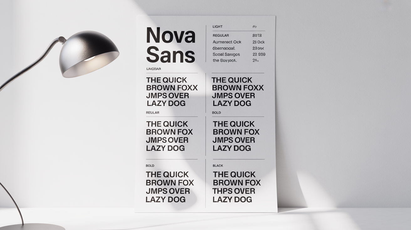 A minimalist font specimen sheet for a fictional sans-serif font named 'Nova Sans', displaying various weights like Light, Regular, and Bold, against a clean white background.