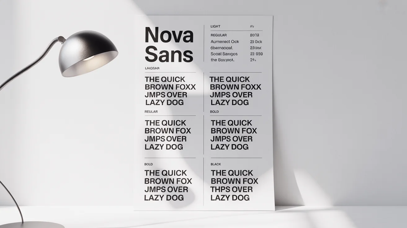 A minimalist font specimen sheet for a fictional sans-serif font named 'Nova Sans', displaying various weights like Light, Regular, and Bold, against a clean white background.