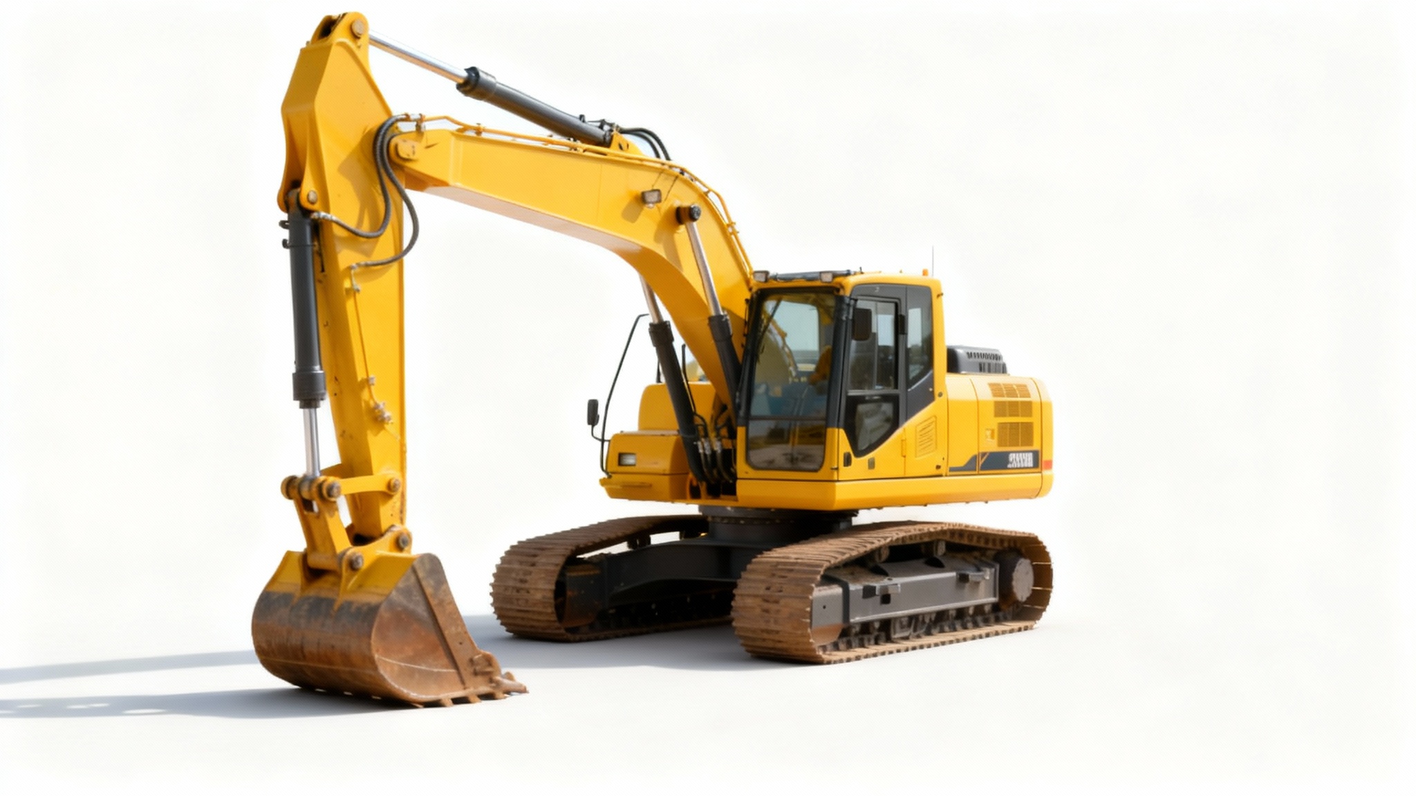 A high-quality product shot of a vibrant yellow excavator, isolated against a plain white background. The image showcases the vehicle's details and is suitable for graphic design use.