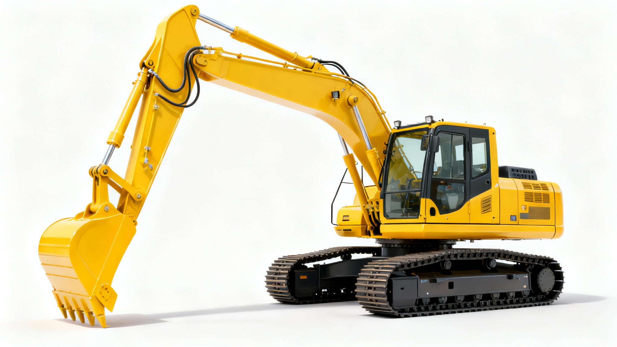 A high-quality, studio-style photograph of a clean, modern yellow excavator against a plain white background, ready for use as a PNG.