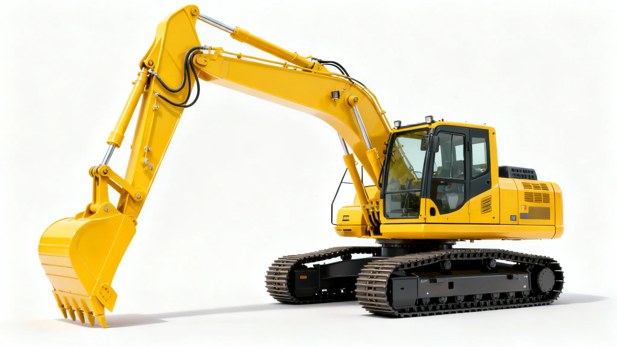 A high-quality, studio-style photograph of a clean, modern yellow excavator against a plain white background, ready for use as a PNG.