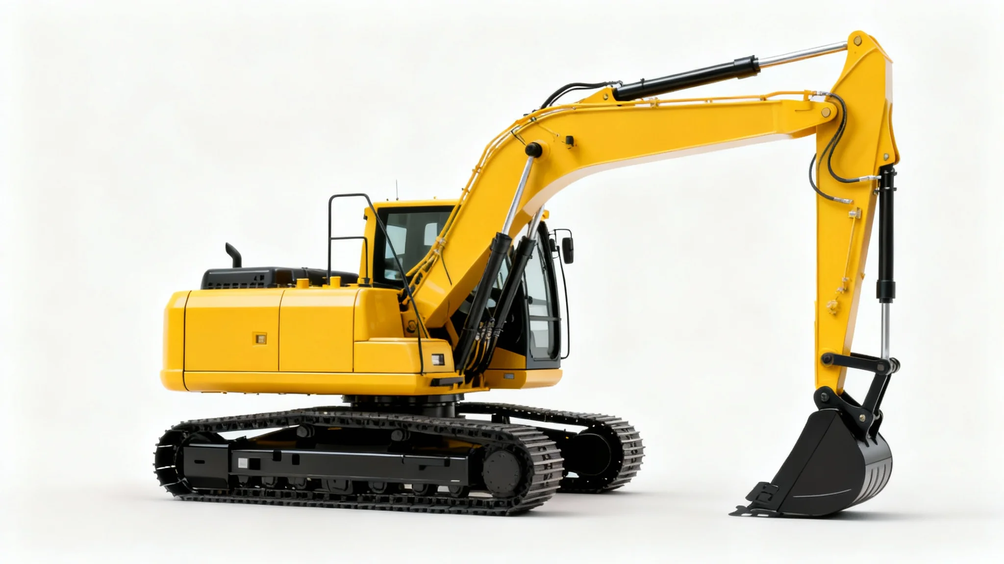 A high-quality, photorealistic image of a modern yellow excavator shown from a three-quarter angle against a clean white background.
