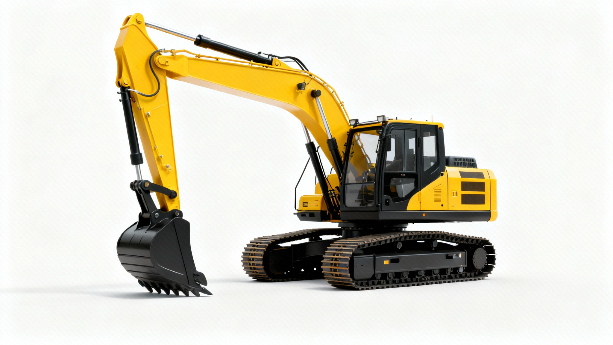 A photorealistic image of a modern yellow and black excavator positioned on a solid white background, as if in a photo studio.