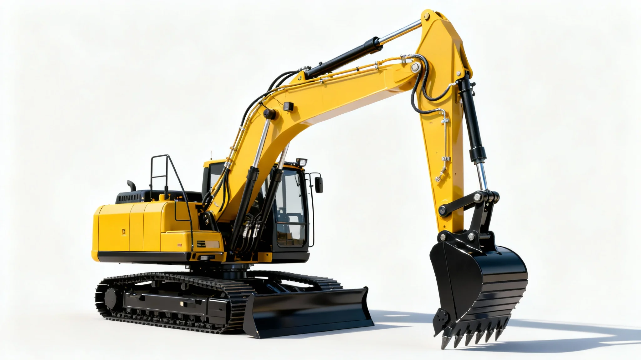 A photorealistic image of a yellow and black excavator from a three-quarter view, isolated on a clean white background.