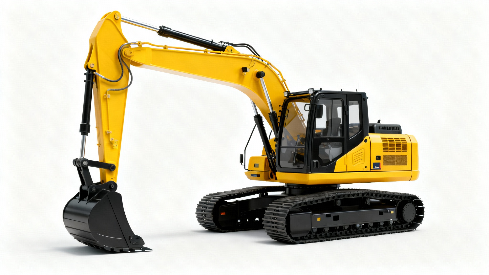 A high-quality, photorealistic image of a modern yellow excavator, perfectly isolated on a clean white background.