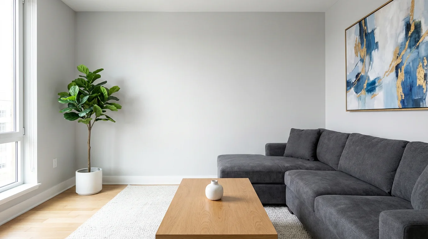 A photograph of a modern, well-lit apartment living room designed with a gray sectional sofa, an oak coffee table, a large plant, and abstract art on the wall.