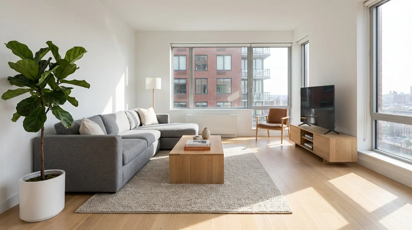 A photorealistic render of a modern, sunlit apartment living room with a gray sectional sofa, a light oak coffee table, and a large potted plant on a hardwood floor.