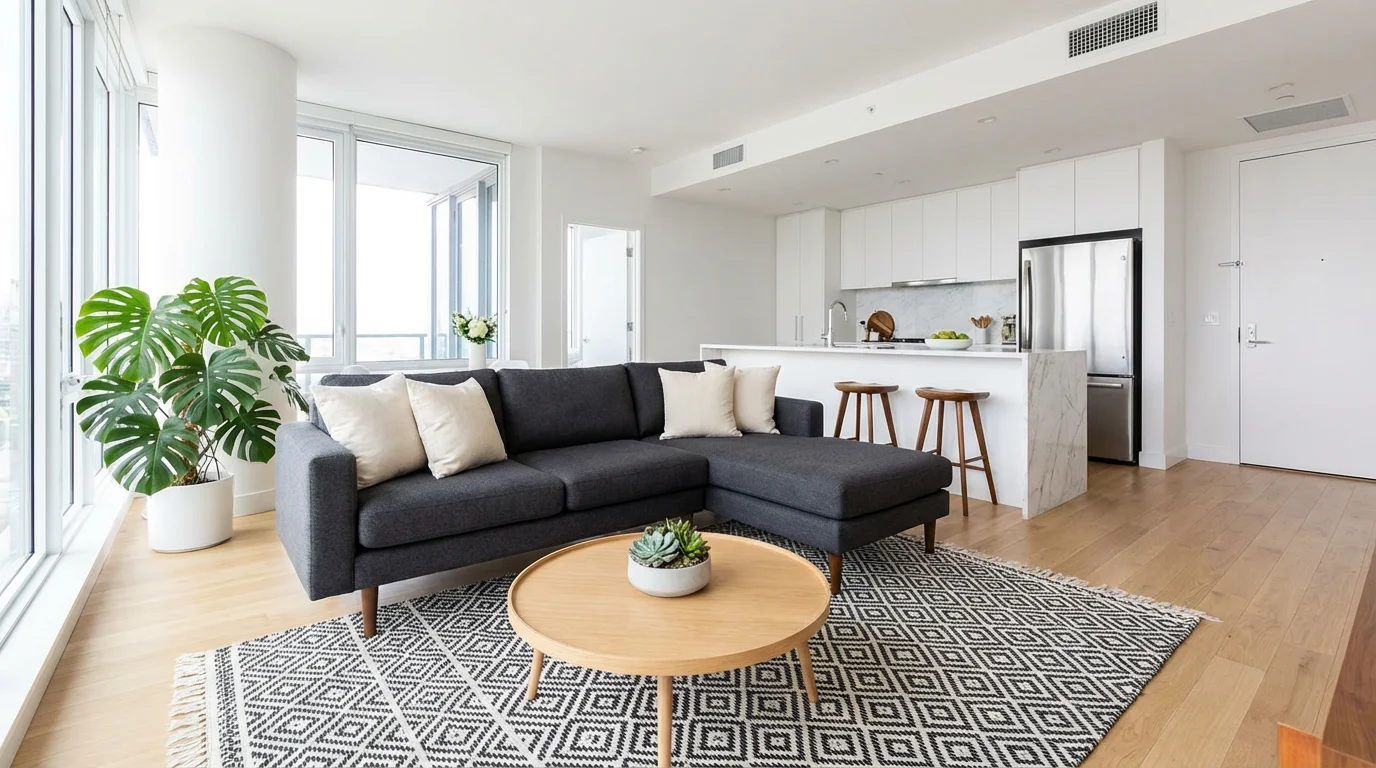 A modern, sunlit open-plan apartment with a gray sofa, wooden coffee table, and a white marble kitchen island in the background.