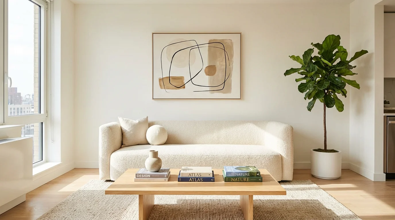 A modern, brightly lit apartment living room with a cream sofa, light wood coffee table, and a large abstract painting on the wall.