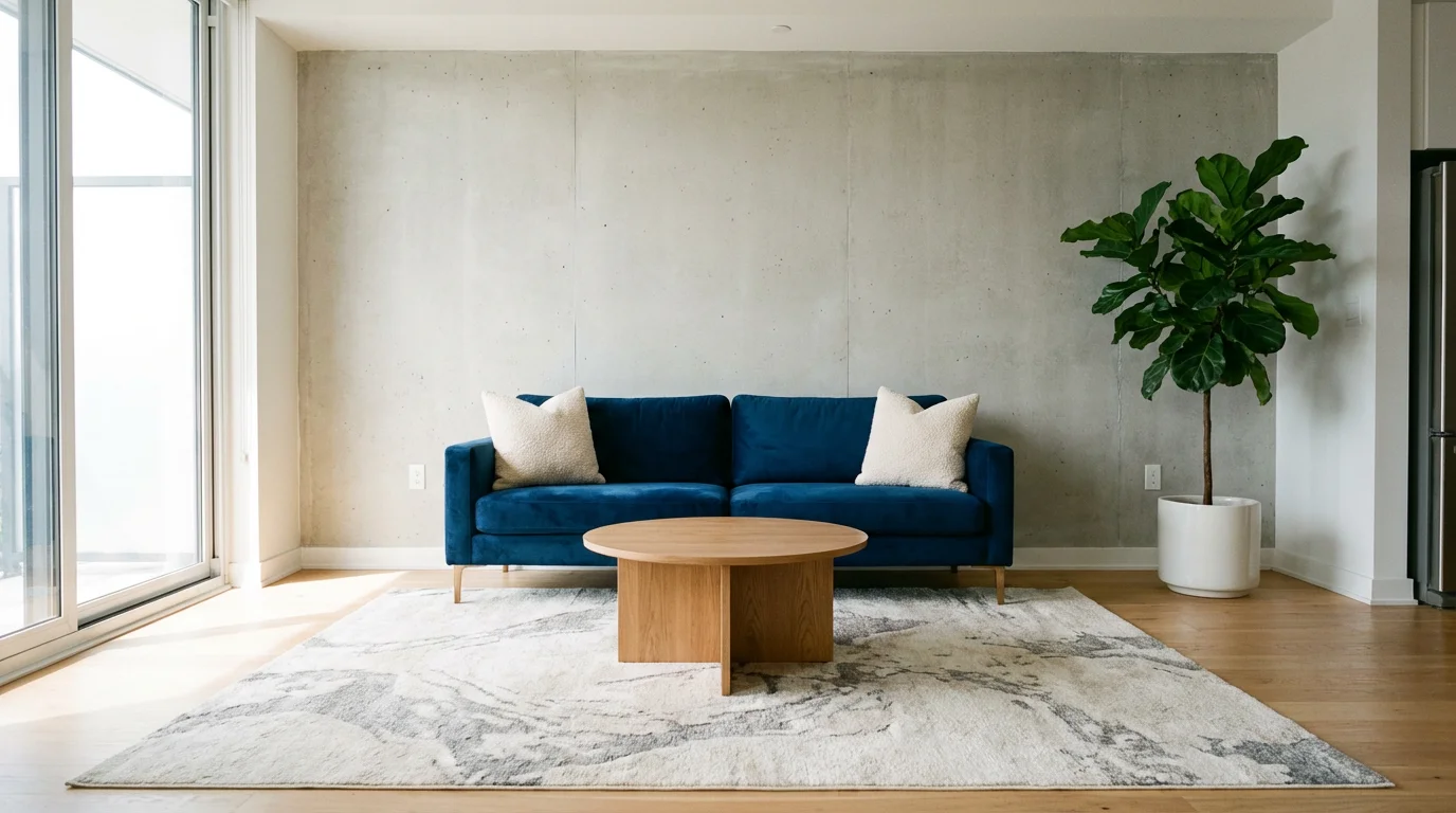 A virtual rendering of a modern apartment living room featuring a blue velvet sofa, an oak coffee table, and a large plant, all bathed in natural light from a large window.