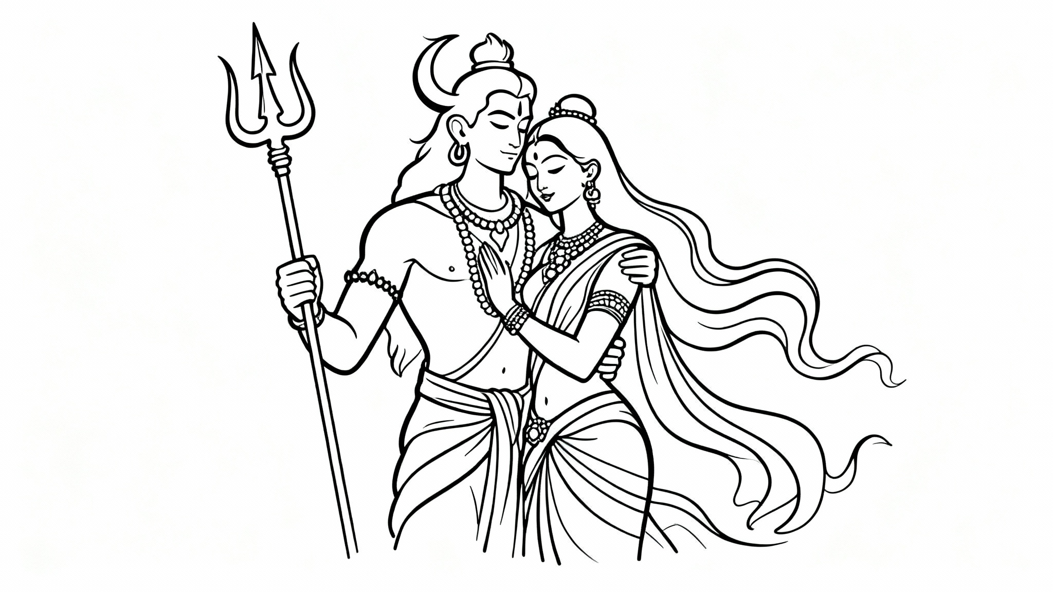 A delicate black line art illustration on a white background, depicting the Hindu deities Lord Shiva and Goddess Parvati in an elegant, intertwined embrace, symbolizing their unity. 16:9 aspect ratio.