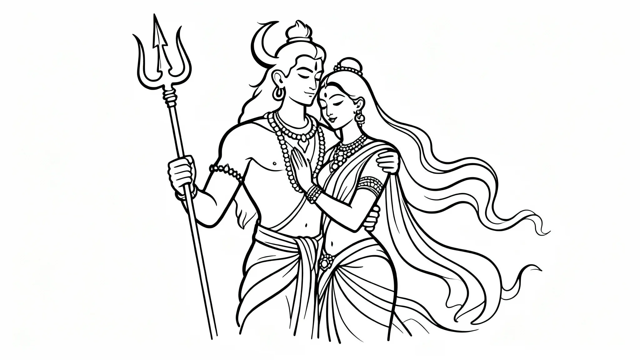 A delicate black line art illustration on a white background, depicting the Hindu deities Lord Shiva and Goddess Parvati in an elegant, intertwined embrace, symbolizing their unity. 16:9 aspect ratio.