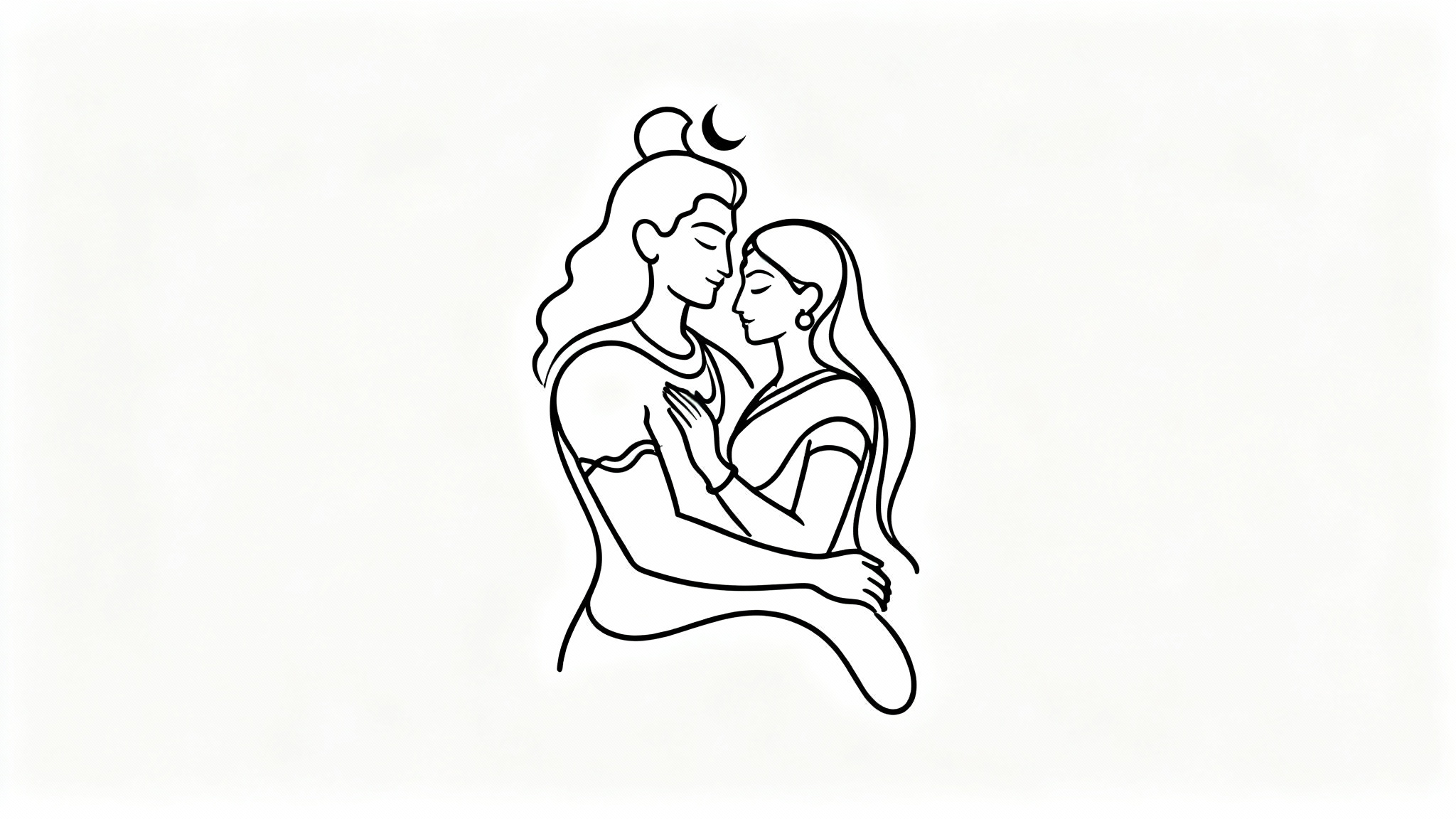 A minimalist single-line art depiction of Shiva and Parvati in a loving embrace, drawn in black on a clean white background.