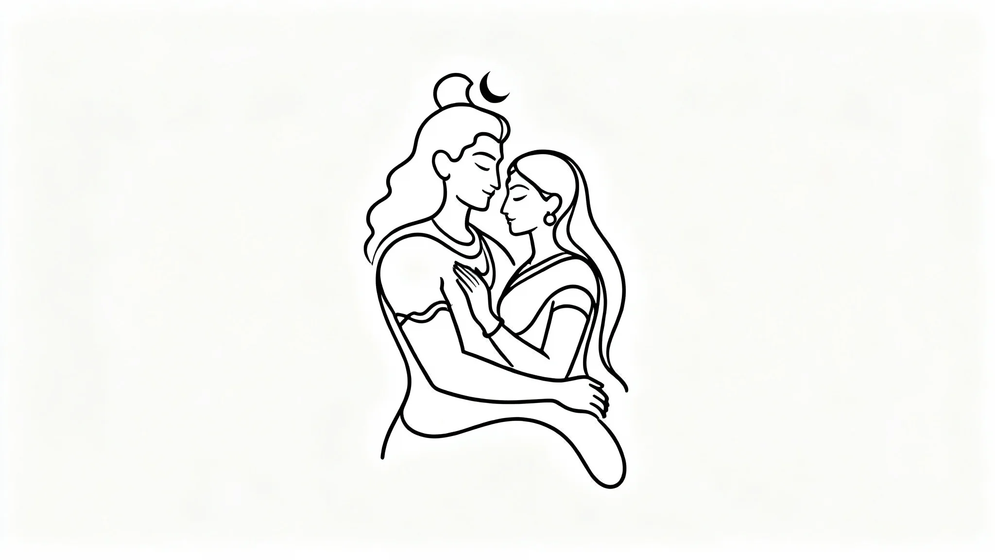 A minimalist single-line art depiction of Shiva and Parvati in a loving embrace, drawn in black on a clean white background.