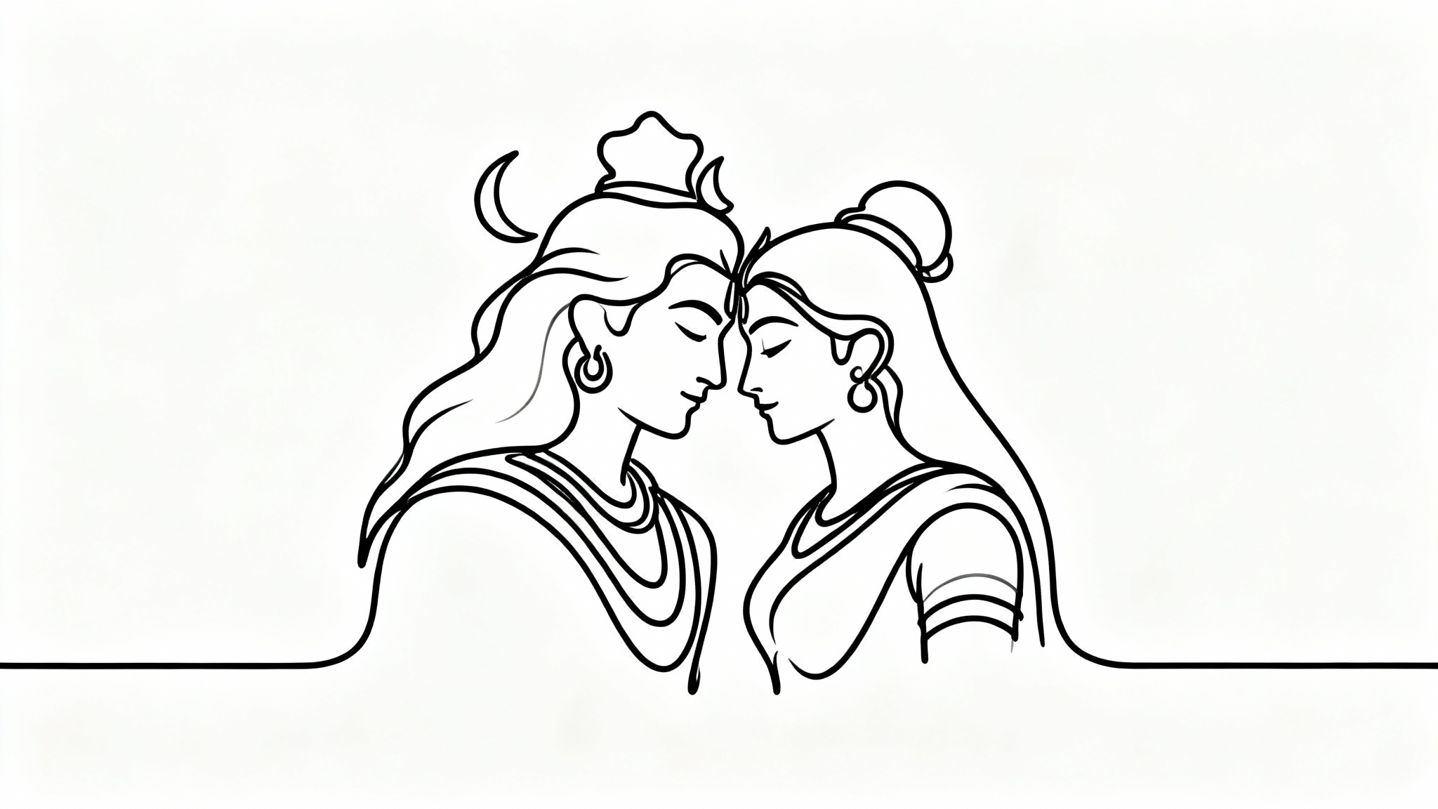 A minimalist black and white line art drawing depicting the Hindu deities Shiva and Parvati in a tender pose, set against a plain white background.