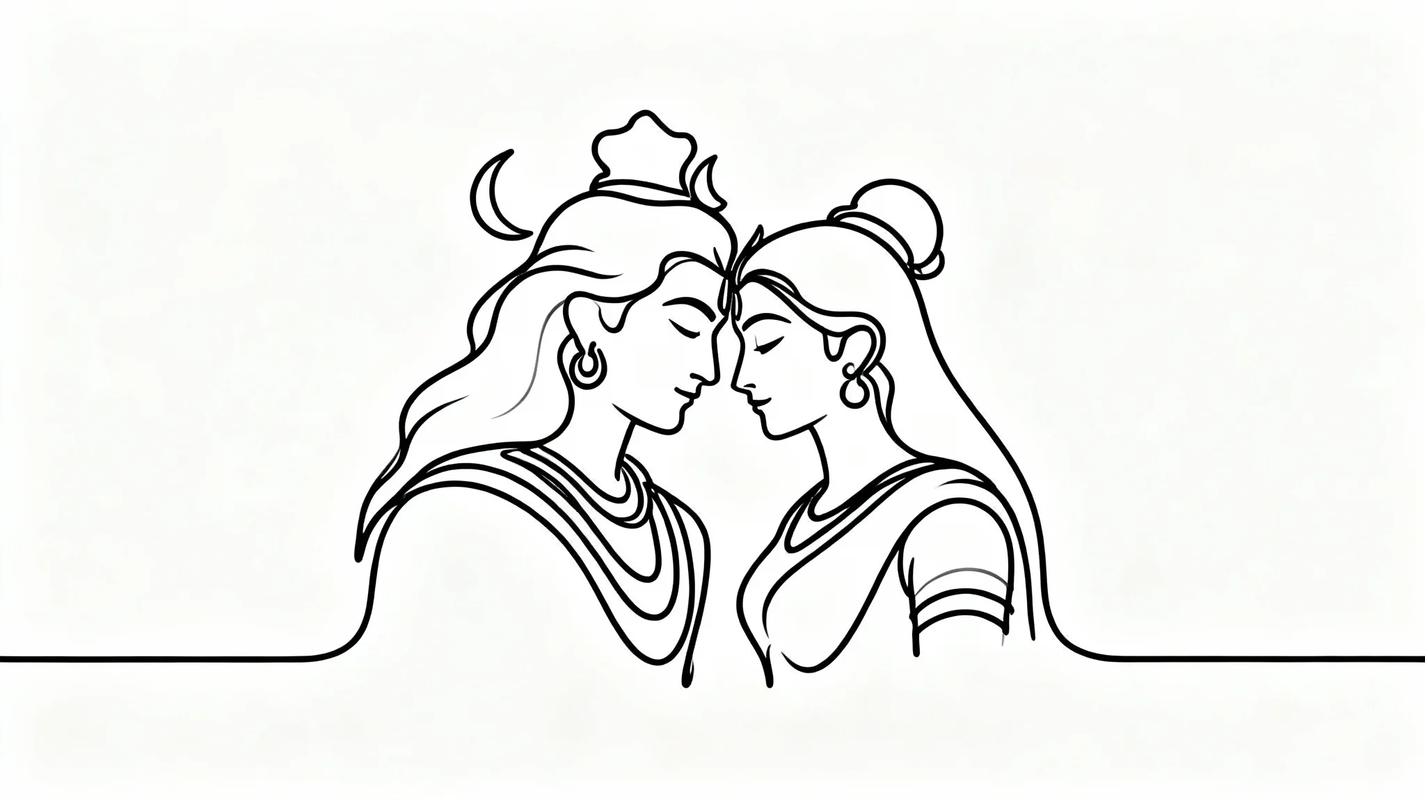 A minimalist black and white line art drawing depicting the Hindu deities Shiva and Parvati in a tender pose, set against a plain white background.