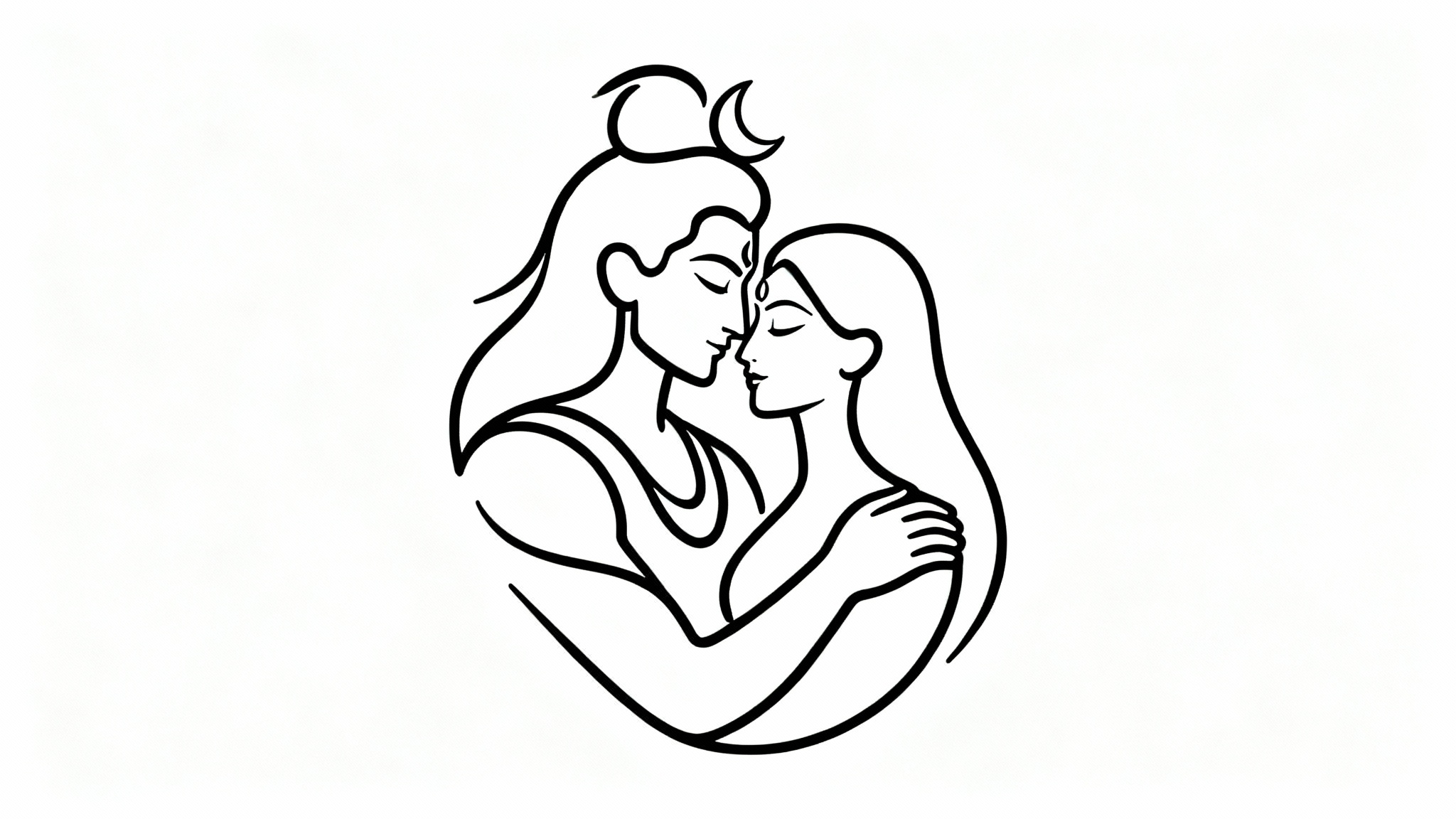 A minimalist black line art illustration of Shiva and Parvati in a loving embrace on a white background.