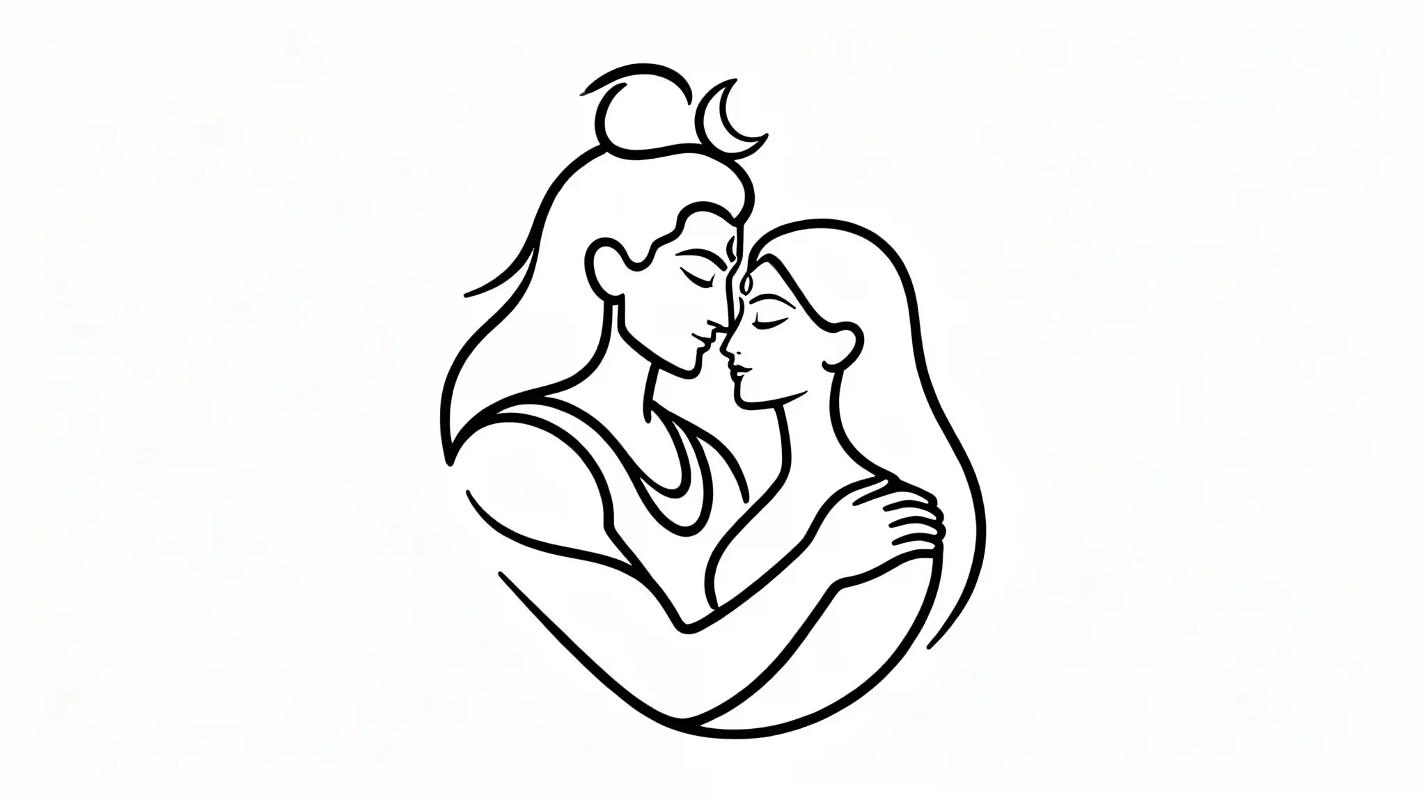 A minimalist black line art illustration of Shiva and Parvati in a loving embrace on a white background.